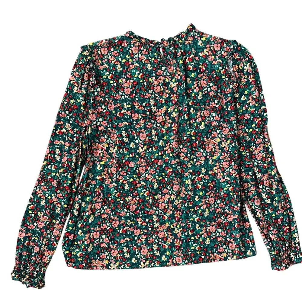 J. Crew Smocked Ruffleneck Top Old Forest‎ Coral Size XS